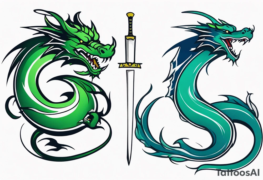 Blue and green dragon around a katana sword tattoo idea