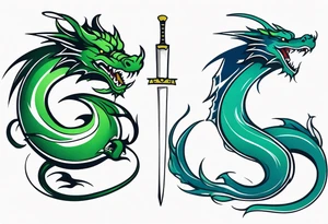 Blue and green dragon around a katana sword tattoo idea