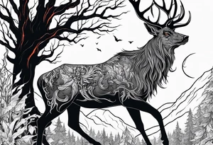 A spooky dead NO SKIN lore accurate wendigo side profile surrounded by a forest fire in background tattoo idea