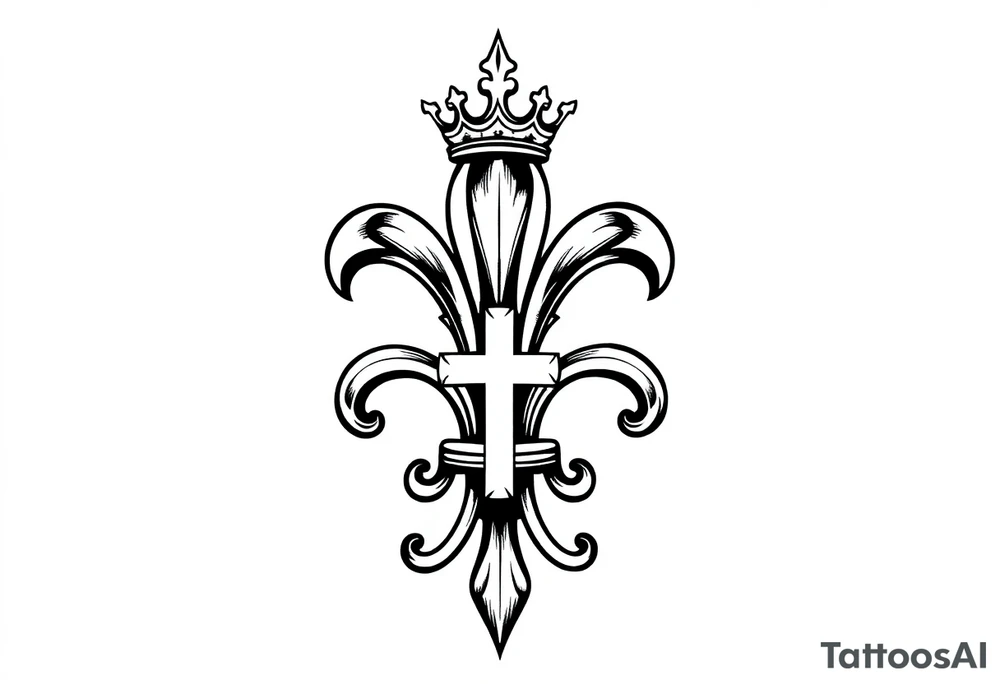 a flor de lis with a tilted crown on top and a cross hidden inside the flor de lis tattoo idea