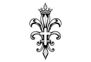 a flor de lis with a tilted crown on top and a cross hidden inside the flor de lis tattoo idea