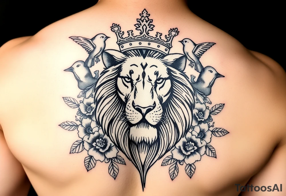 powerful majestic lion with a crown, surrounded by floral ornaments and birds tattoo idea