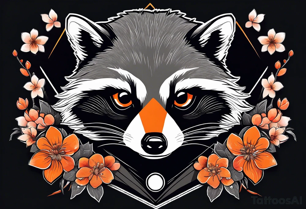 Raccoon wearing a white Superman logo on a black hoodie and orange Japanese cherry blossoms tattoo idea