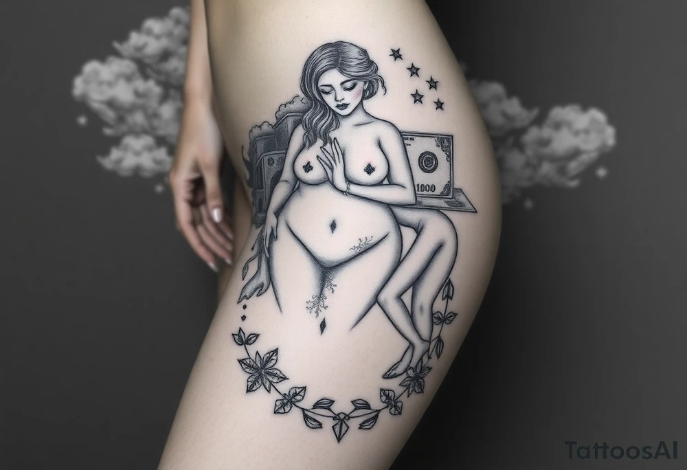 Storm clouds with a fat naked woman and drugs and money and mirror and sexy naked couple lustful with tattoo idea