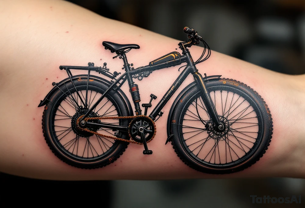 A bicycle with an oversized front wheel, painted in matte black with a touch of red and gray for a steampunk vibe. tattoo idea