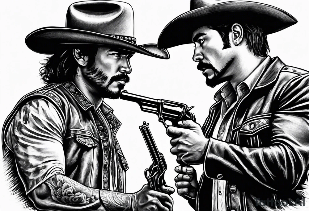 A cowboy and a mexican having a mexican standoff draw tattoo idea