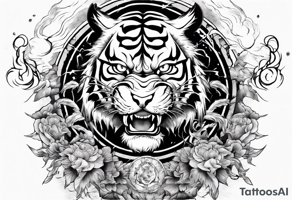 Tiger warrior with lightning and the sun for a forearm sleeve tattoo idea