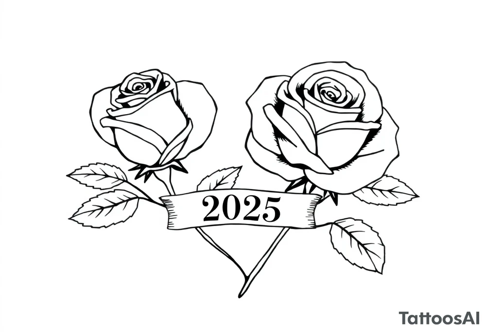 two beautiful large rose buds, one larger than the other, with many leaves next to the rose buds, with one sitting slightly higher than the other, side-by-side.  Include a banner connecting the two roses with the year 2025 on it.   Use dark outlines with little shading. No stems tattoo idea