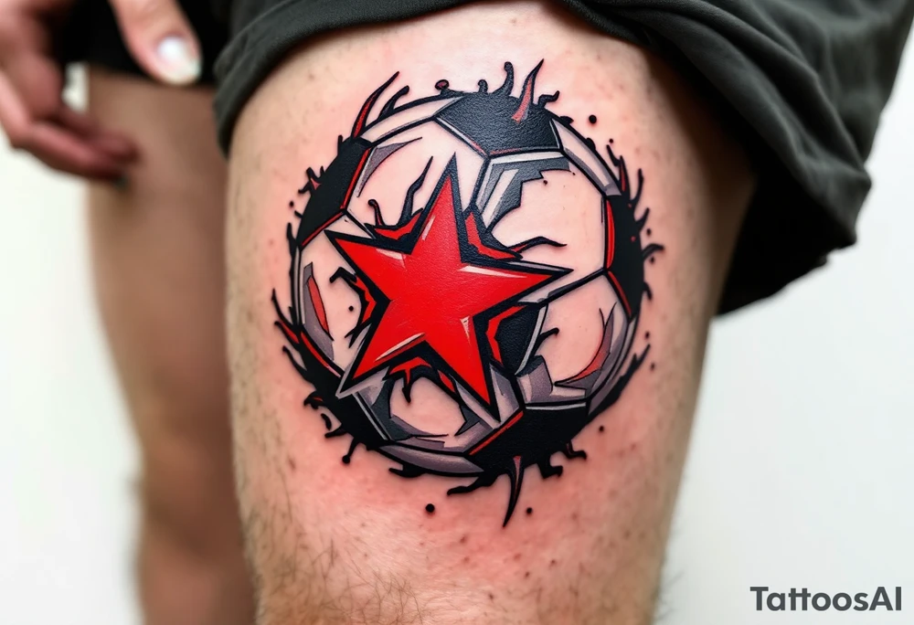 A modern soccer ball design with a minimalist red panel showing the club star. tattoo idea