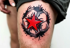 A modern soccer ball design with a minimalist red panel showing the club star. tattoo idea