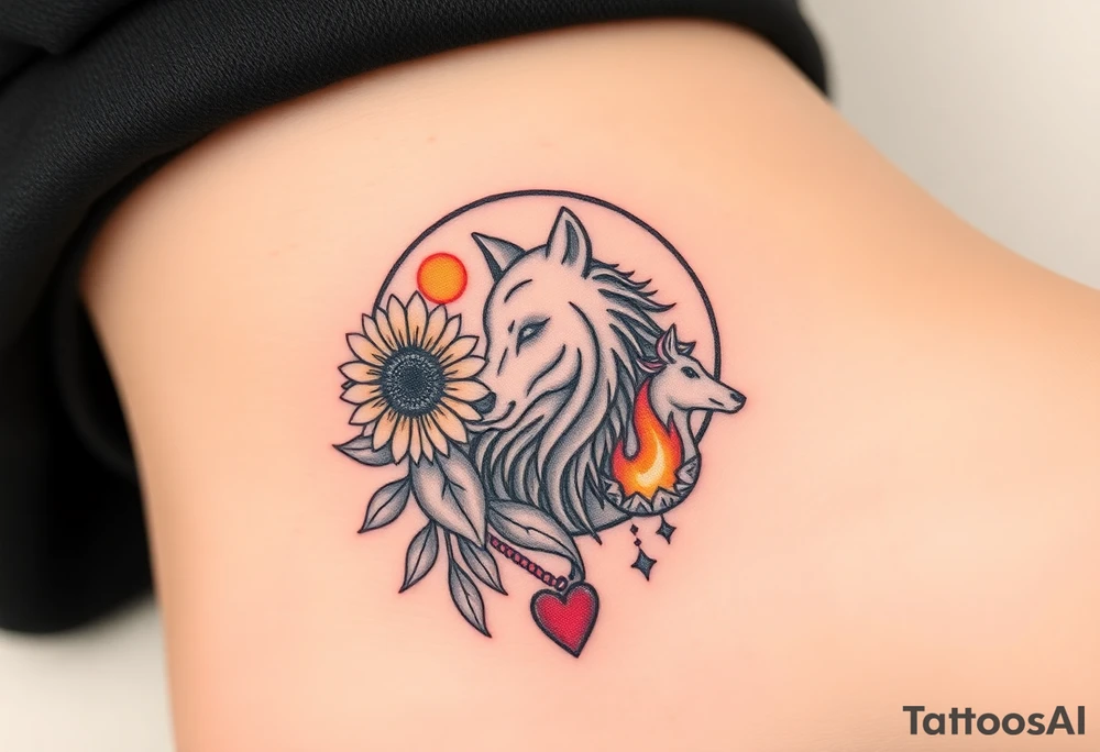 Cresent moon
 with sunflower, wolf, Harry potter, star wars, unicorn, fire heart all in one tattoo idea