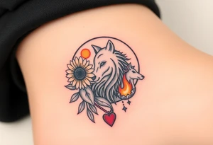 Cresent moon
 with sunflower, wolf, Harry potter, star wars, unicorn, fire heart all in one tattoo idea