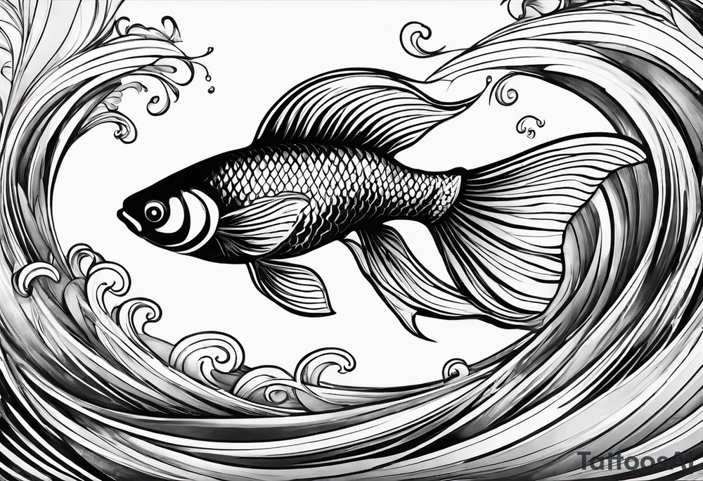 “Create a delicate tattoo of a goldfish swimming in a wave, emphasizing its flowing fins and graceful movement. tattoo idea