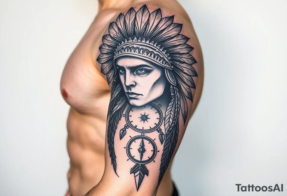 headdress in the sun a compass and a clock and arrowhead tattoo idea