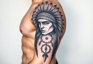 headdress in the sun a compass and a clock and arrowhead tattoo idea