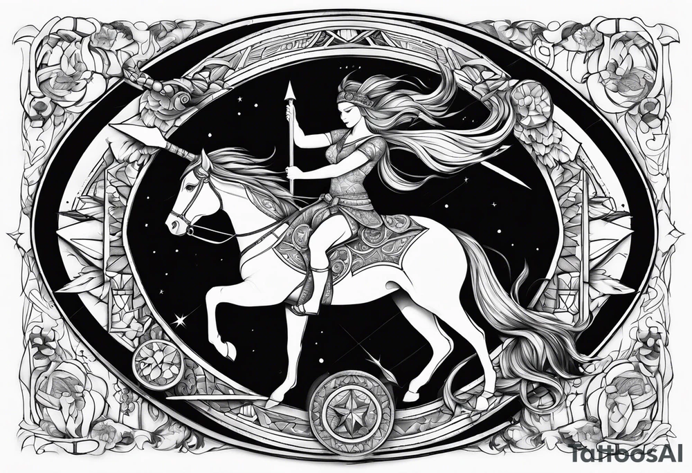 sagittarius sign with designs surrounding it tattoo idea