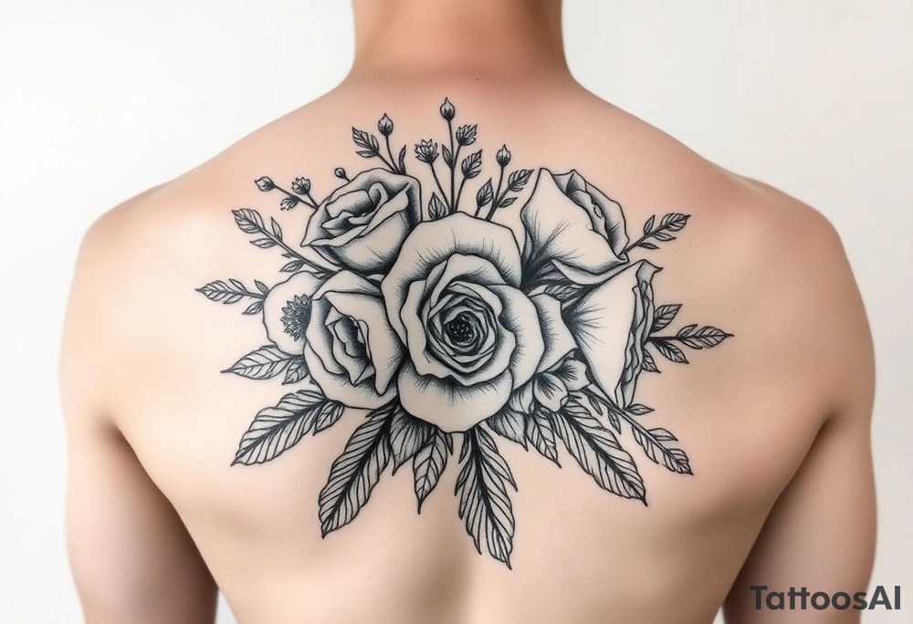 vintage bouquet of wild roses and meadow flowers with morning dew tattoo idea