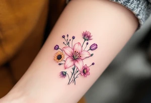 stargazer lillies in light pink with small sunflowers and poppies and purple tulip buds in a dainty wildflower bouquet with stems tattoo idea