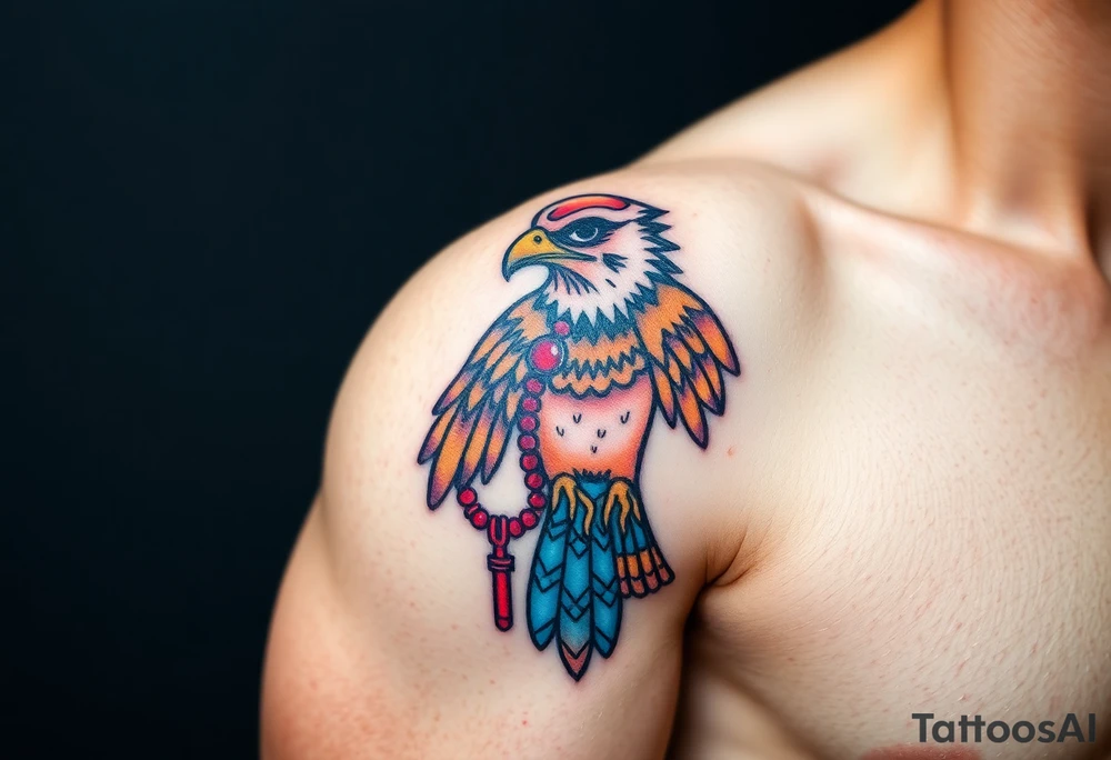 An Egyptian Falcon (Horus) Carrying a Rosary (only red , blue and black are possible colors) tattoo idea