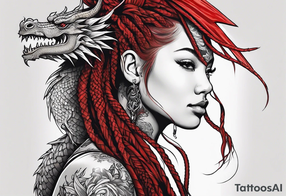 Red dragon behind woman with dreadlocks tattoo idea