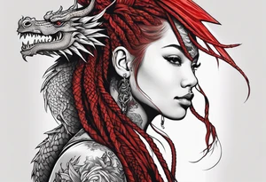 Red dragon behind woman with dreadlocks tattoo idea