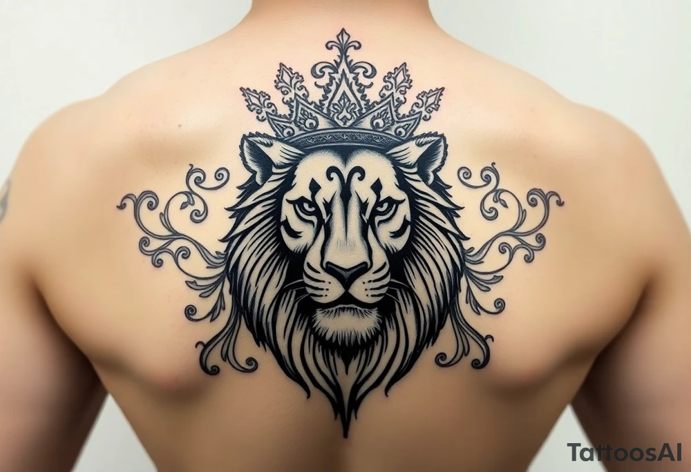 majestic lion wearing ornate crown, surrounded by baroque flourishes tattoo idea