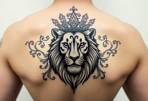 majestic lion wearing ornate crown, surrounded by baroque flourishes tattoo idea
