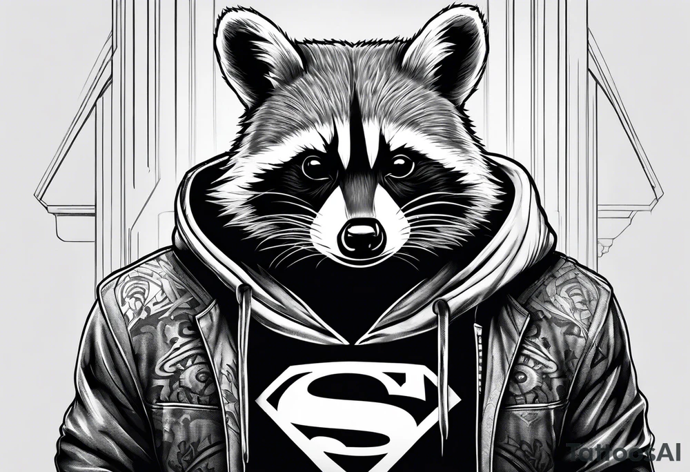 raccoon wearing a Superman hoodie tattoo idea