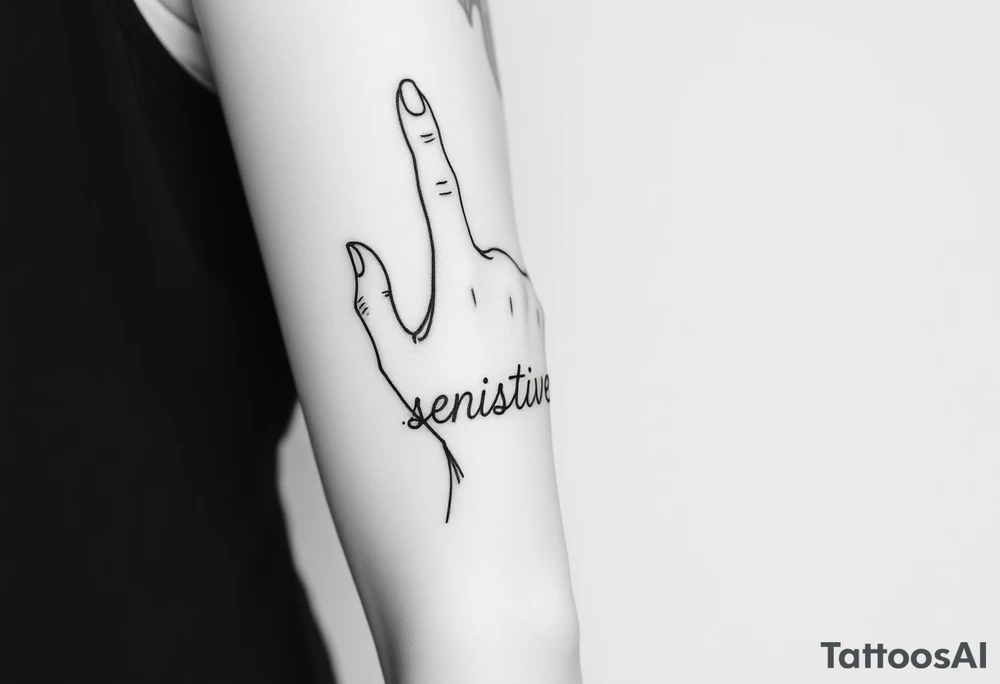 A manicured hand with the middle finger up with the word "sensitive" tattoo idea