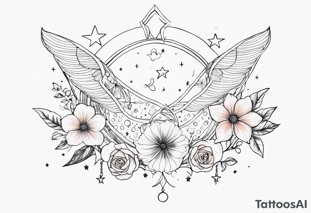 fine line with stars, floral, dots. Sternum tattoo tattoo idea