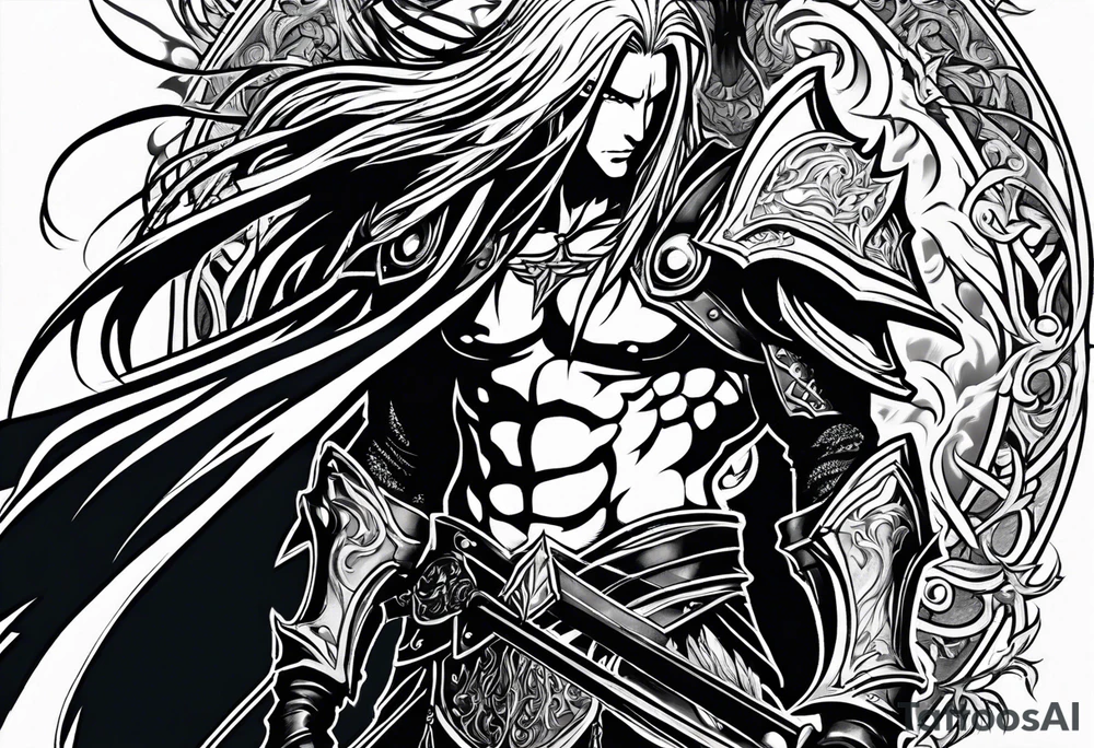 Sephiroth surrounded by flames with his sword and full armour tattoo idea