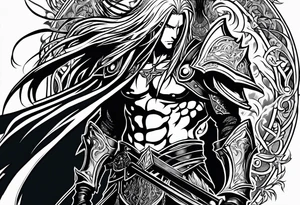 Sephiroth surrounded by flames with his sword and full armour tattoo idea