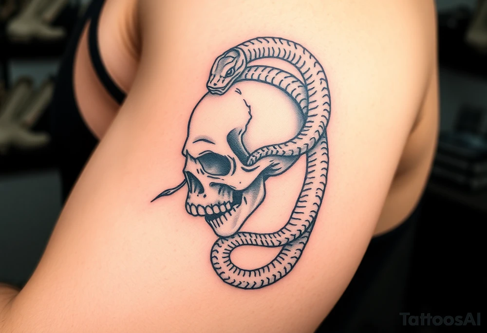 A hyper-realistic Dark Mark, with the snake slithering around the skull, coiled in a hypnotic pose tattoo idea