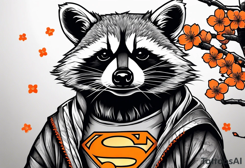 raccoon wearing a black and white Superman hoodie and orange Japanese cherry blossoms tattoo idea