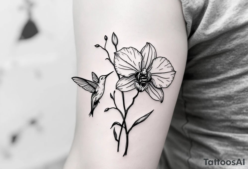 A delicate, black and white fine-line tattoo for male, featuring gracefully detailed 2 orchids in full bloom including their stems, with soft, intricate petals and elegant curves. Beside it, a hummingbird hovers mid-flight, its wings drawn with subtle motion lines, its slender beak reaching toward the orchid’s center to drink its nectar. on the other flower there is a bee that is resting tattoo idea