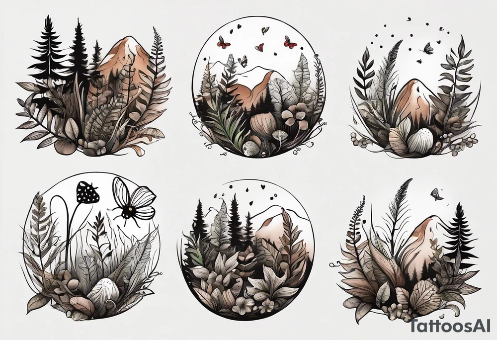 forest floor inspired minimalist tattoo, which includes grass, curly ferns and dead leaves as the bulk of the tattoo. details to include: three very tiny strawberries, a tiny bumblebee flying nearby, three small brown mushrooms tattoo idea