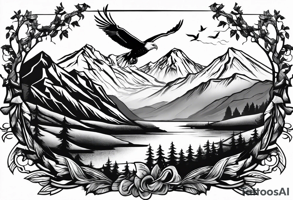 Mountain in the background with trees an eagle soaring with a White Dove sitting on a branch at the top of the mountain tattoo idea