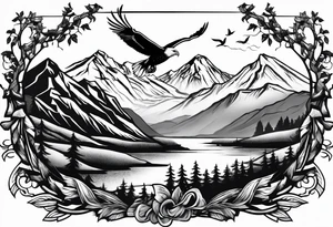 Mountain in the background with trees an eagle soaring with a White Dove sitting on a branch at the top of the mountain tattoo idea