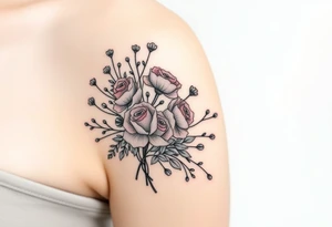 vintage bouquet of wild roses and meadow flowers with morning dew tattoo idea