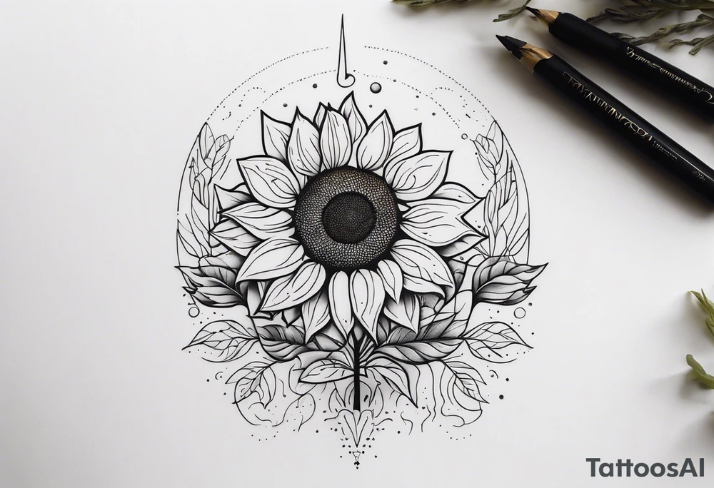 A minimalist tattoo design featuring a vertical composition. At the center is a large, abstract sunflower with intricate dotted shading and clean lines. A delicate tree with bare branches grows from the top of the sunflower, while flowing leaves emerge from the bottom. Surrounding the sunflower are abstract elements like small geometric shapes, mountains in the background, a few birds, and a crescent moon, all positioned in a visually balanced way. There’s a circular solar element near the sunflower, with rays extending outward. The entire design is made up of fine lines, dot work, and subtle shading, creating a harmonious mix of nature and geometric abstraction. It’s a detailed sketch with organic flow, precision, and a blend of cosmic and natural motifs tattoo idea