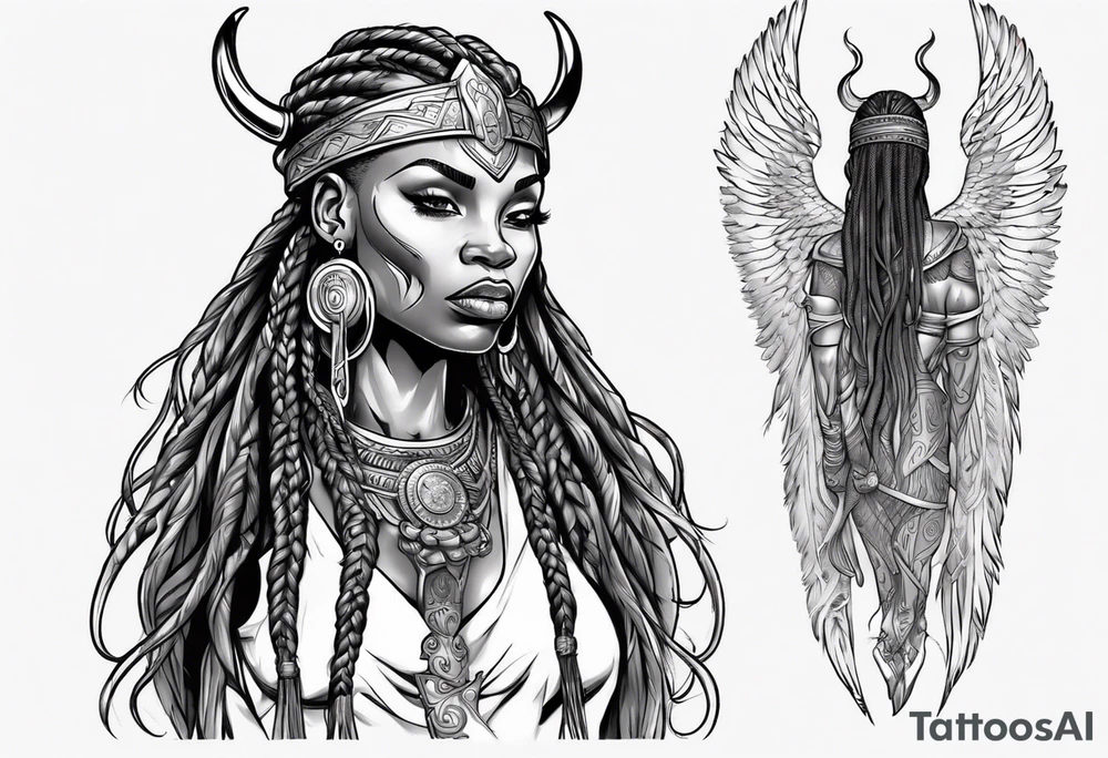 African female Viking warrior full body angelic
slim long face long braided hair descending from heaven tattoo idea