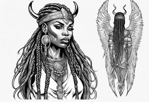 African female Viking warrior full body angelic
slim long face long braided hair descending from heaven tattoo idea