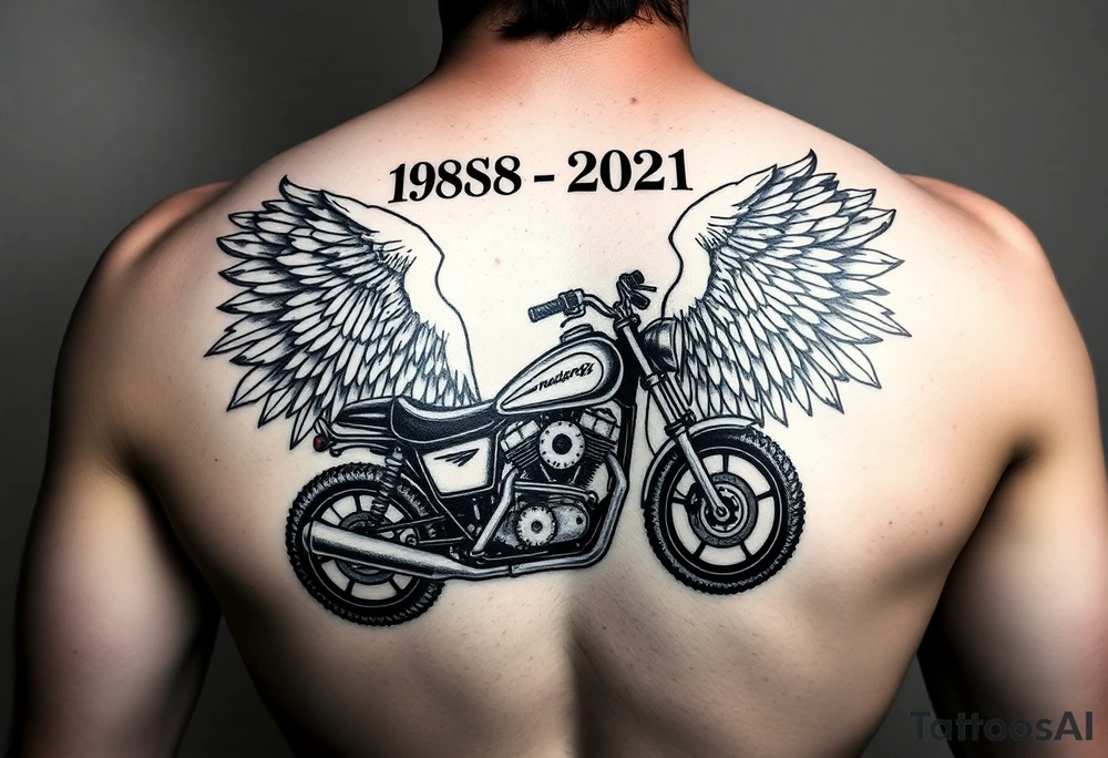 the year 1958 - 2021 with a motorcycle on it with guardian angel wolves tattoo idea