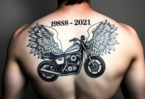 the year 1958 - 2021 with a motorcycle on it with guardian angel wolves tattoo idea