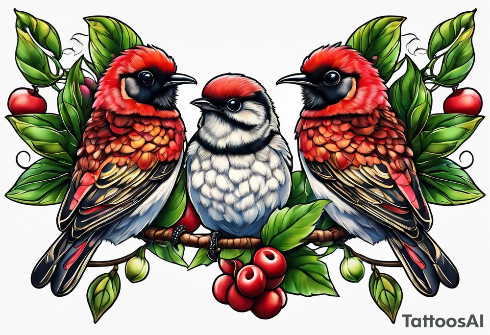 Two birds, two bees, red fruit tattoo idea