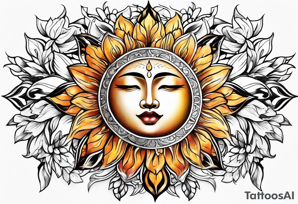sun moon floral tattoo idea