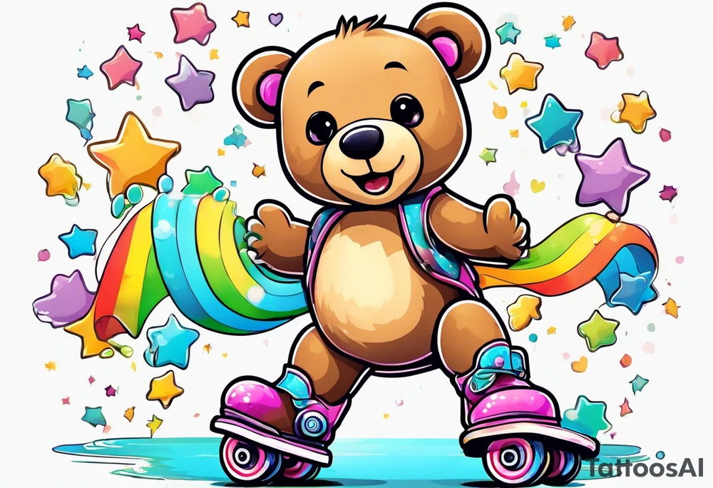 a teddy bear, wearing cute, pastel rainbow rollerskates tattoo idea