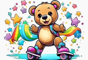 a teddy bear, wearing cute, pastel rainbow rollerskates tattoo idea