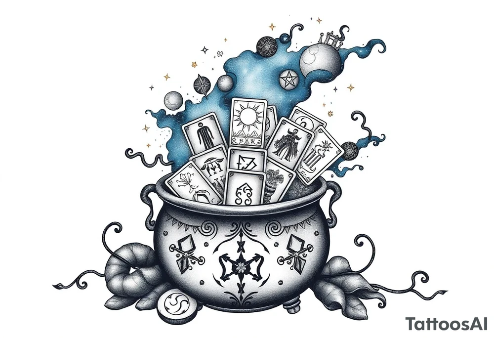 Milky way galaxy filled with zodiac symbols runes tarot cards coming out of a cauldron tattoo idea