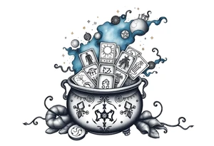 Milky way galaxy filled with zodiac symbols runes tarot cards coming out of a cauldron tattoo idea